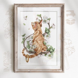 Tabby Cat Watercolour Print Cottagecore Art Delivery A4 A3 Print Blush Pink Wall Art Cat Mum Gift Bookshelf Decor Engagement Gift for Couple