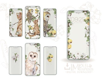 Watercolour Phone Background Bundle Download for iPhone & Android Cat Lover Phone wallpaper Floral Fruit Illustration set Owl Lock Screen