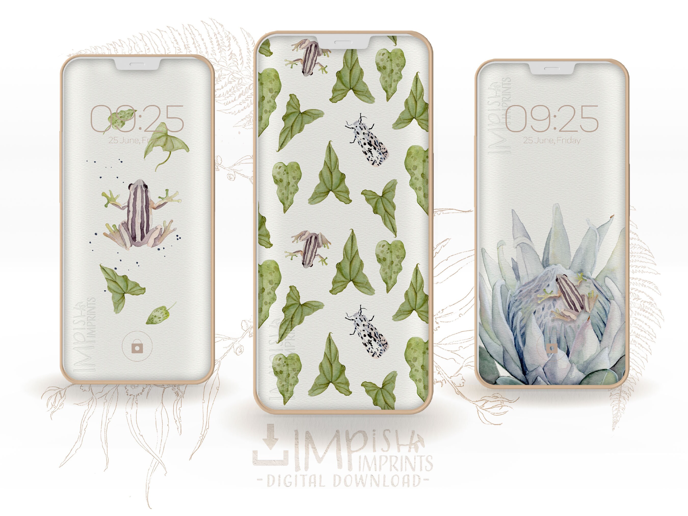 Earth Tone Tropical Leaf Phone Background Nature Inspired iPhone Background Sage Green Botanical Wallpaper Frog Illustration Screen Saver