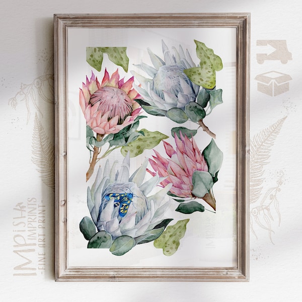 Fine Art Painting King Protea Flower Art Work Hot Pink Print A3 A4 House Warming Gift Watercolour Painting South African Art Delivery