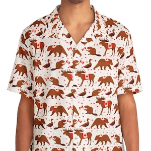 Canada Day Print Herren Hawaiihemd, Aloha Shirt mit rotem Ahornblatt, Vaterländisches Urlaubs Top, Sommer Grillen Outfit, Urlaubsparty