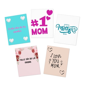 Lot de cartes pour la fête des mères - 5 modèles uniques - Parfait pour toutes les mamans ! Cadeau pour elle, Cadeau pour la fête des Mères, Lot le plus vendu, Anglais et espagnol