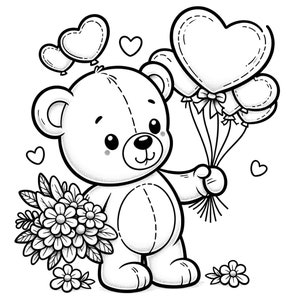 Printable Valentine's Day Coloring Pages Set of 5 Teddy Bear Designs