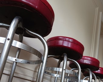 Set of 4 Retro Chrome Bar Stools, Red Padded Seats, Mid-Century Diner Furniture