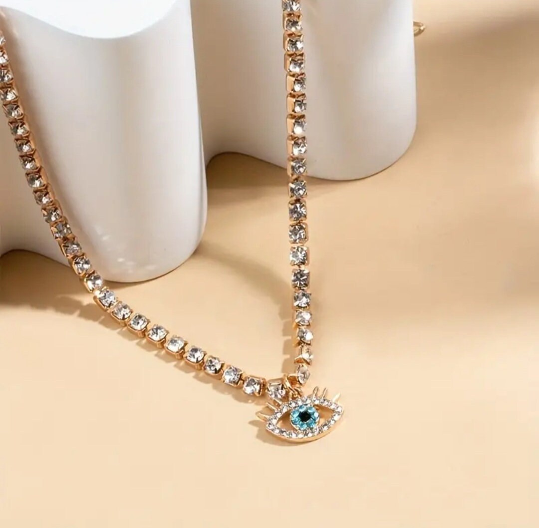 18k Gold Vintage Evils Eye Rhinestones Necklace Pendant Etsy