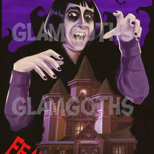 May include: A vintage poster for "Doctor Fearless" starring David Dastmalchian. The artwork depicts a vampire-like character with sharp teeth and a spooky mansion. The words "Fearless Manor" are in red.