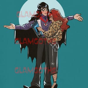 May include: A couple dressed in gothic attire. The man is wearing a black cape and a red shirt with a silver pendant. He is holding a magazine with the word "SPOOKY" on the cover. The woman is wearing a leopard print top and black trousers with a spider web design. They are standing in front of a blue background with a white moon behind them.
