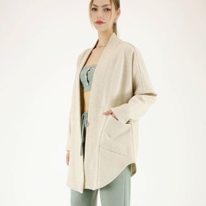 Women's Cotton Fleece Longline Kimono Jacket with Pockets for Everyday Exercise Activity Workout Outdoor