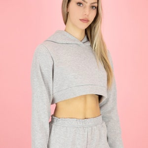 May include: A gray cropped hoodie with long sleeves and a matching pair of sweatpants. The sweatpants have a drawstring waistband and cargo pockets.