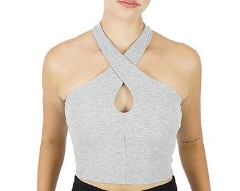 Ribbed Cutout Halter-Neck Crop Top for Women's Basic Backless Sleeveless Tank Undershirt Everyday Exercise School Yoga and Workout