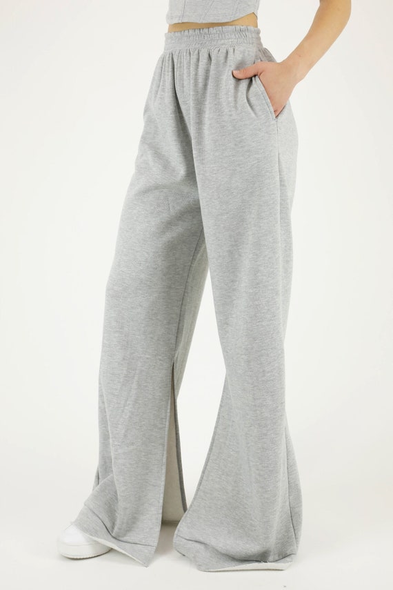 Fleece Slit Hem Jogger Sweatpants - Wide Leg Cotton Blend - Etsy