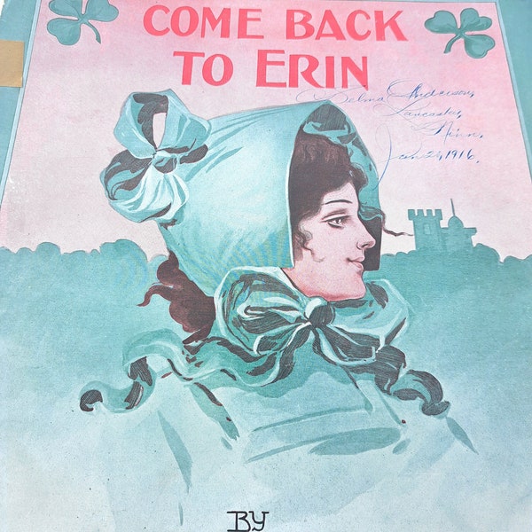 Come Back To Erin Antique Sheet Music, Beautiful Vintage Illustration for Framing, Collage, Display, Irish Girl, Ireland, Art Nouveau Woman