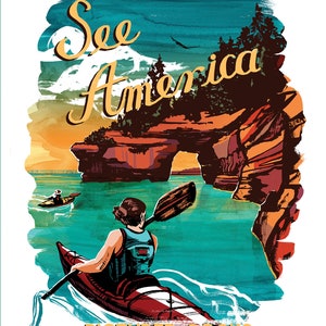 May include: A vintage-style travel poster with the text "See America" and "Pictured Rocks National Lakeshore, MI." The image depicts a person kayaking in a red kayak on turquoise water, with rock formations and trees in the background. A second kayaker is visible.
