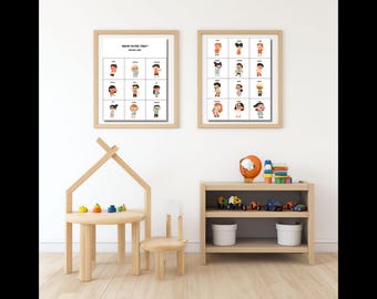May include: Two framed prints with the text "How Do You Feel Today?" and an emotion chart. The room features a small wooden table, chair, and a shelf with toys. The color scheme is neutral with light wood and white walls.