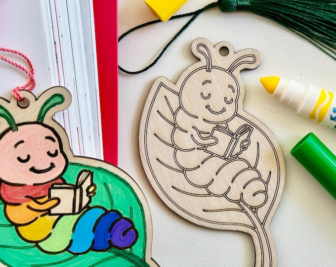 DIY Caterpillar Bookmark Kit | Book Lovers Craft Kit with Tassel and Markers | Book Club Party Favor | Coloring Wood Bookmark Gift For Kids