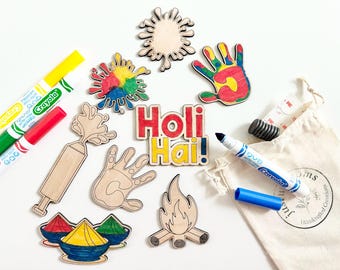 Holi Malbuch für Kinder | Festival der Farben Handwerk | Holz-Malkasten | Indische kulturelle Aktivität | Gastgeschenk | Holi Hai Magnet