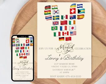 Disney World Epcot Disneyland Mickey Mouse Magic Castle Digital Simple Birthday Bday Around The World Editable Digital Download Invitation