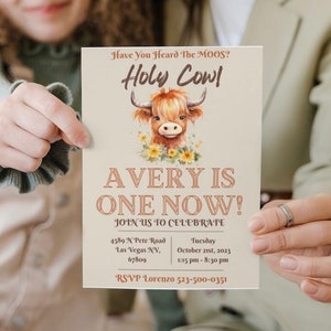 Holy cow im one highland cow western invitation hairy cow farm birthday invite cow first birthday cow birthday party