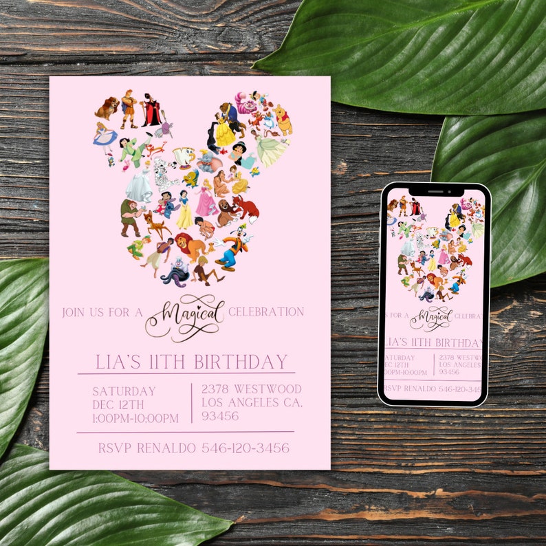 May include: Pink invitation with a Mickey Mouse silhouette made of Disney characters. The invitation is for Lia's 11th birthday party. The text reads "Join us for a Magical Celebration, Lia's 11th Birthday, Saturday Dec 12th 1:00PM-10:00PM, 2378 Westwood Los Angeles CA. 93456, RSVP Renaldo 546-120-3456".