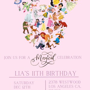 May include: A pink invitation with a Mickey Mouse head shape made of Disney characters. The text reads "Join us for a Magical Celebration, Lia's 11th Birthday, Saturday Dec 12th 1:00PM-10:00PM, 2378 Westwood Los Angeles CA, 93456, RSVP Renaldo 546-120-3456".