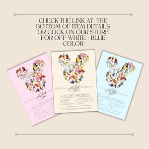May include: Three printable invitations for a child's birthday party. Each invitation features a Mickey Mouse head silhouette made up of Disney characters. The invitations are in pink, cream, and light blue.