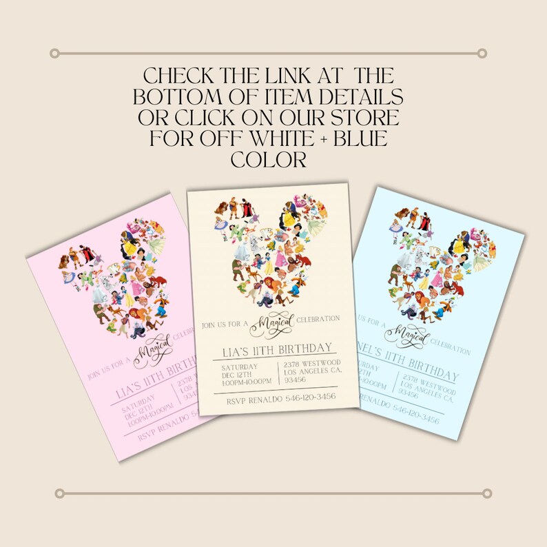May include: Three printable invitations for a child's birthday party. Each invitation features a Mickey Mouse head silhouette made up of Disney characters. The invitations are in pink, cream, and light blue.
