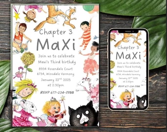 May include: A colourful birthday invitation for a child named Maxi. The invitation features a whimsical illustration of children and animals, including a cat, a rabbit, and a mouse. The text on the invitation reads "Chapter 3 Maxi" and includes details about the birthday party, including the date, time, and location.