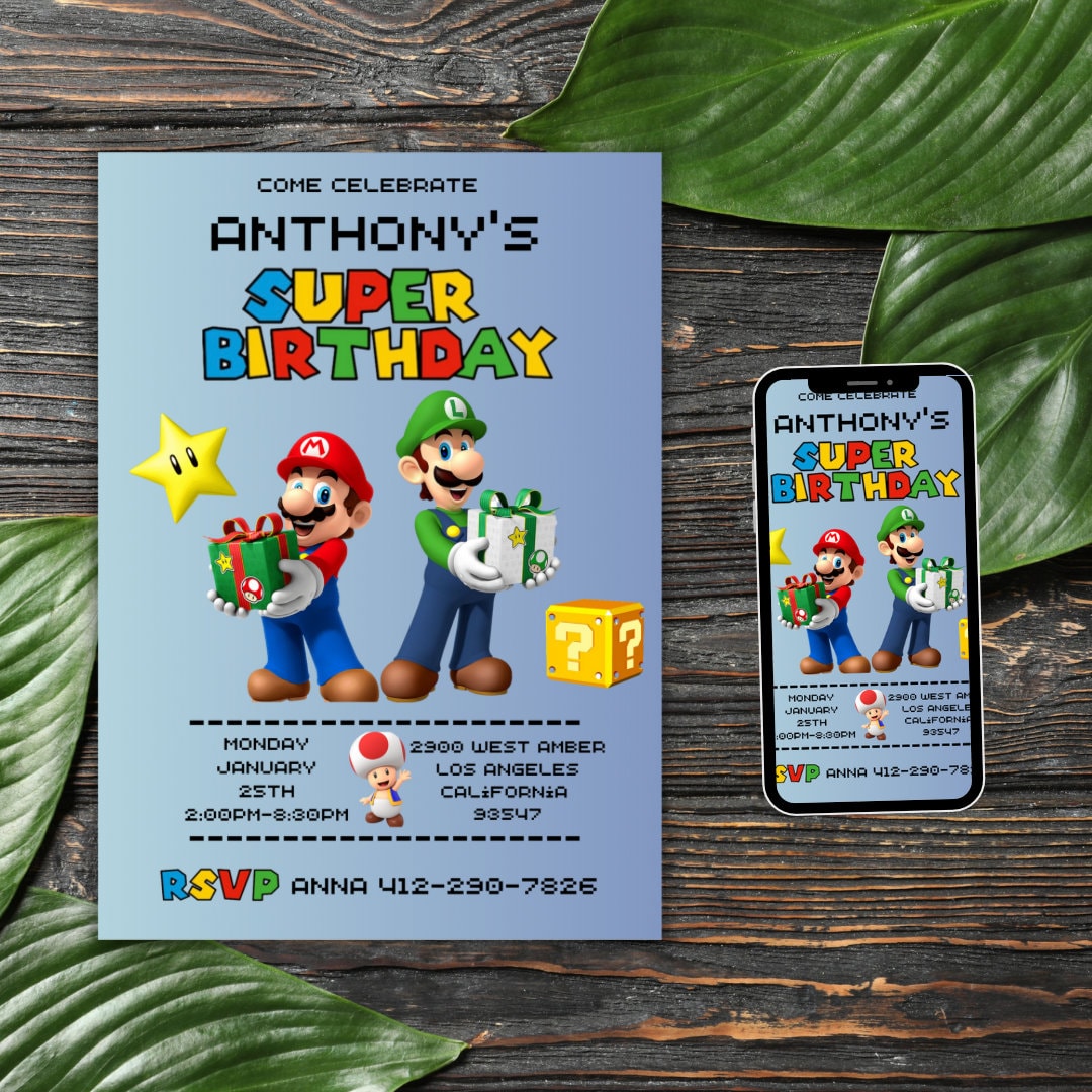 Super Mario Invitation Super Mario Birthday Mario Invitation Party ...