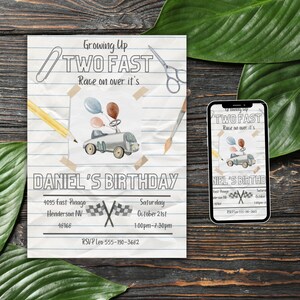 Two Fast Birthday Invitation Race Car Birthday racecar 2 year old birthday 2nd birthday boy theme race car party decor Editable Printable