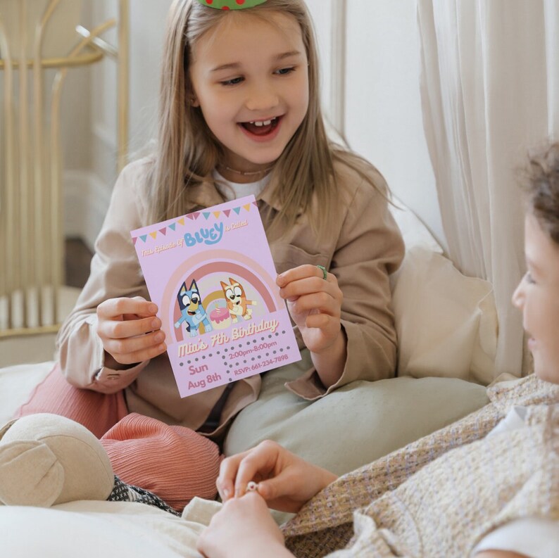 May include: A pink and purple birthday invitation with a rainbow and cartoon dogs from the show Bluey. The invitation says "Min's 7th Birthday" and includes the date, time, and RSVP information.