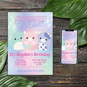 Squishmallow birthday invitation Squishmallow Birthday party squishy mellows squishy girls 10th birthday sleepover 11th Editable 12th