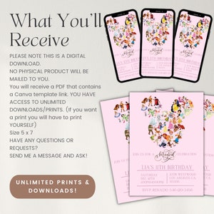 May include: A pink printable invitation for a child's birthday party. The invitation features a Mickey Mouse silhouette made of Disney characters. The text on the invitation reads "Join us for a Magical Celebration, Lia's 11th Birthday".