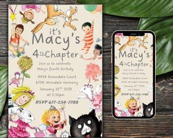 May include: A colourful invitation for a child's 4th birthday party. The invitation features a whimsical illustration of children and animals, with the text "it's Macy's 4th Chapter" and details about the party, including the date, time, and location.