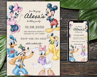 Disney Mickey Mouse bearbeitbare digitale Telefon Text Druck Download Einladung Party Unisex Junge Mädchen Disneyland Vorlage Party IG einfach einladen