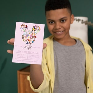 May include: A pink invitation with a Mickey Mouse head silhouette made of Disney characters. The invitation reads "Join us for a Magical Celebration, Lia's 11th Birthday, Saturday Dec 12th, 1:00PM-10:00PM, 2378 Westwood Los Angeles CA 93456, RSVP Renaldo 546-120-3456".