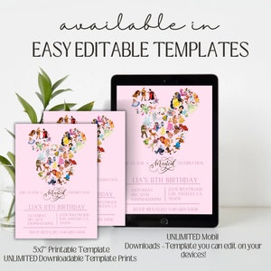 May include: A pink printable invitation template with a Mickey Mouse silhouette made of Disney characters. The text reads "Join us for a Magical Celebration, Lia's 11th Birthday".