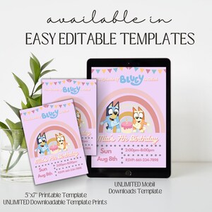 May include: Printable invitation template featuring the cartoon characters Bluey and Bingo from the show Bluey. The invitation is pink with a rainbow and says "Mia's 7th Birthday" with the date and time of the party.