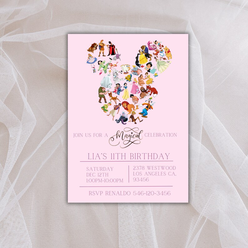 May include: A pink birthday invitation with a Mickey Mouse head made of Disney characters. The text reads 'Join us for a Magical Celebration, Lia's 11th Birthday, Saturday Dec 12th 1:00PM-10:00PM, 2378 Westwood Los Angeles CA. 93456, RSVP Renaldo 546-120-3456.'