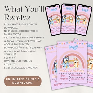 May include: Printable digital invitation for a Bluey-themed birthday party. The invitation features a pink background with a rainbow arch and the characters Bluey and Bingo. The text on the invitation reads "This Episode of Bluey is Called Mia's 7th Birthday" and includes the date and time of the party. The invitation is designed to be printed on 5x7 inch paper.