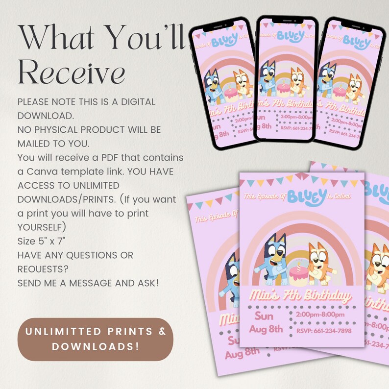 May include: Printable digital invitation for a Bluey-themed birthday party. The invitation features a pink background with a rainbow arch and the characters Bluey and Bingo. The text on the invitation reads "This Episode of Bluey is Called Mia's 7th Birthday" and includes the date and time of the party. The invitation is designed to be printed on 5x7 inch paper.