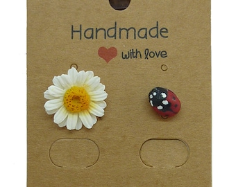 Daisy/Ladybug asymmetrical stud earrings. White Daisy Flowers Earrings. Cute earrings,Flower Earrings. Floral Earrings. Gift idea for women.