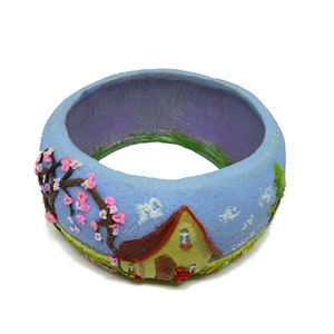 Bracelet, bungle,  wide, polymer clay, landscape with houses, blue, green, summer