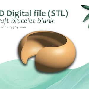 Pode incluir: Um branco de pulseira bege impresso em 3D, projetado para artesanato. A imagem mostra o branco em uma renderização 3D, com uma superfície lisa e arredondada e um espaço para adicionar contas ou outros enfeites. O texto "3D Digital file (STL) Craft bracelet blank Tested on my 3D printer" é visível na imagem.