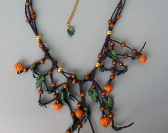 Physalis necklace. Winter-cherry necklace. Cape gooseberry, ground-cherry. Orange. Chinese Lantern. Autumn. Boho necklace