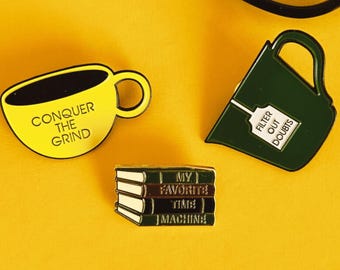 Coffee and Book Lover Pin Set - Enamel Pins for Readers, Tea Drinkers, and Cafe Enthusiasts, Literary Lapel Pins for Tote Bags and Jackets