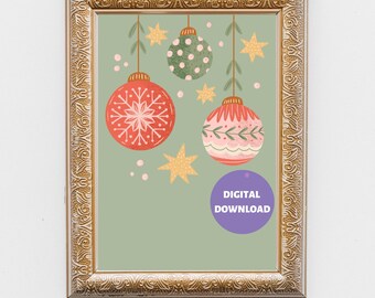 May include: A framed print featuring Christmas ornaments and stars on a sage green background. The ornaments are red, green, and pink with various patterns. The text "DIGITAL DOWNLOAD" is in a purple circle.