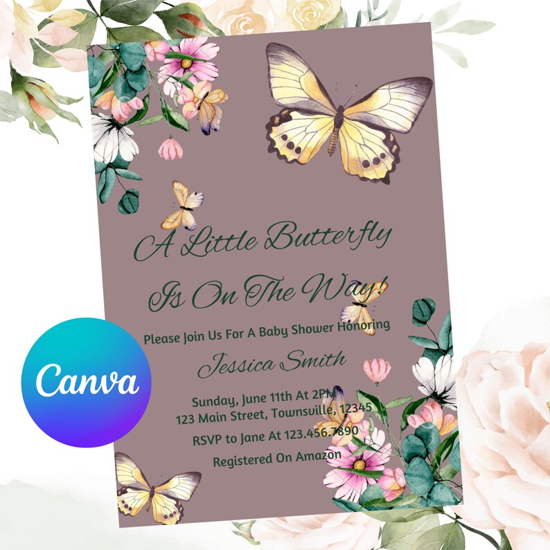 EDITABLE Butterfly Baby Shower Invitation Invite Mauve Purple Flower ...