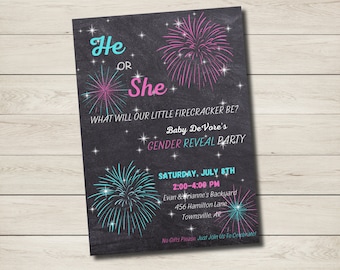 EDITABLE Little Firecracker Gender Reveal Invitation Template, He Or She, Pink Blue, Digital, DIY