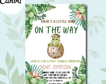 May include: A baby shower invitation with a green dinosaur hatching from an egg. The invitation says "There's a little dino on the way" and includes the name Jane Simpson, the date and time of the shower, and the address. The invitation also includes the text "R.S.V.P to Sarah at (123)456.7890" and "Registered at Amazon & Target."