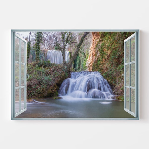 Open window overlooking a double waterfall in nature Wall art | Printable digital download | Landscape poster calming calm tranquil river